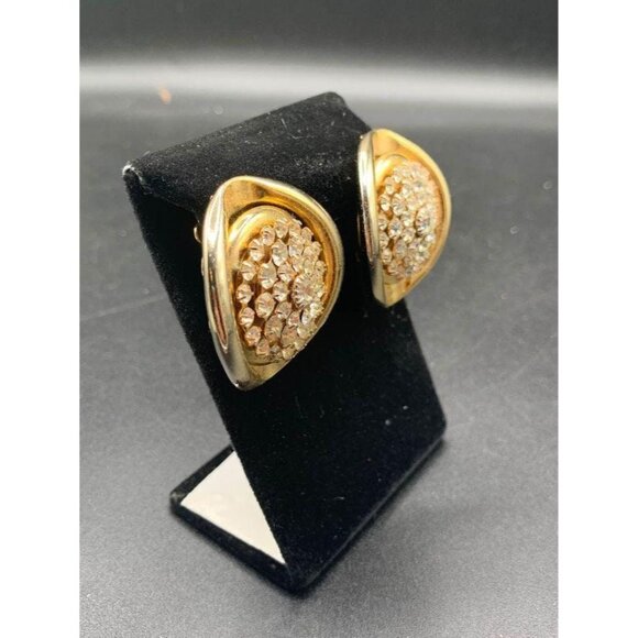 Big Statement Rhinestones Clip On Earrings Round Gold Tone Clear Prong Set Glass - Picture 2 of 6